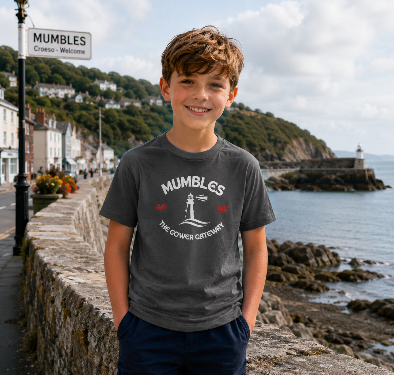 Kids T-Shirt - "Mumbles The Gower Gateway" Lighthouse Tee (Children's Souvenir)