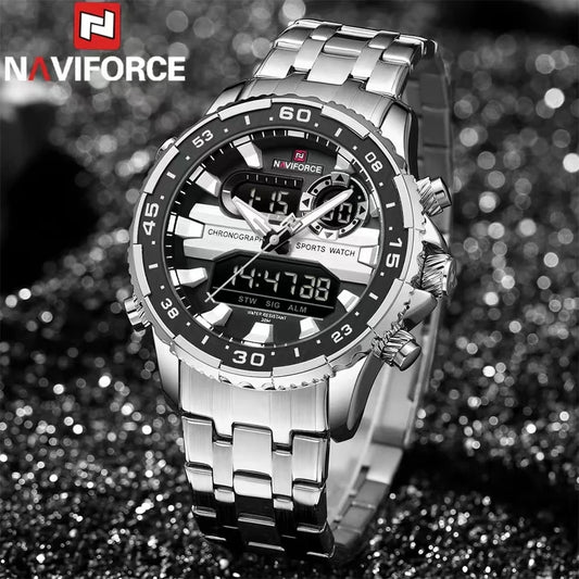 NAVIFORCE Men's Dual Display Watch Waterproof Stainless Steel Date Multi-functional Electronic